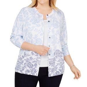Karen Scott Women's Floral Button Up Cardigan Petite Large White Sweater